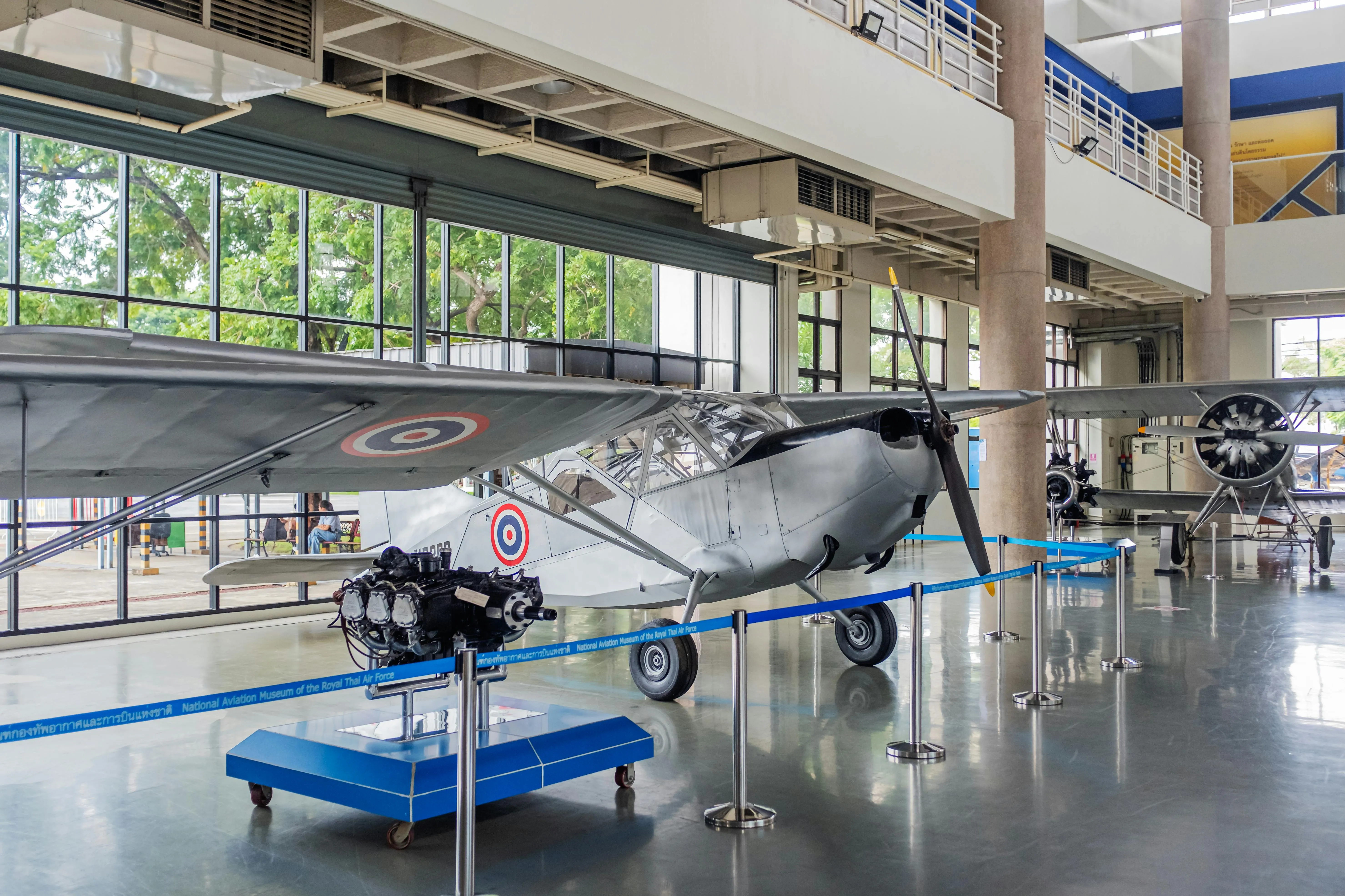 The interior of an aircraft hangar showing engineering work
